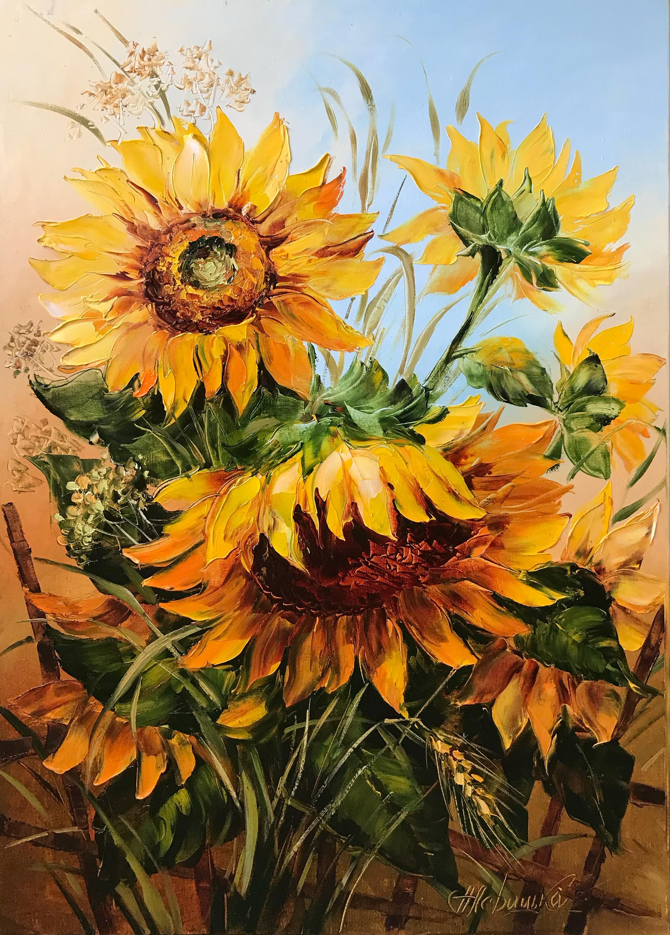 ゴッホのひまわり油絵（キャンバス）、抽象的な黄色いひまわりの壁掛け