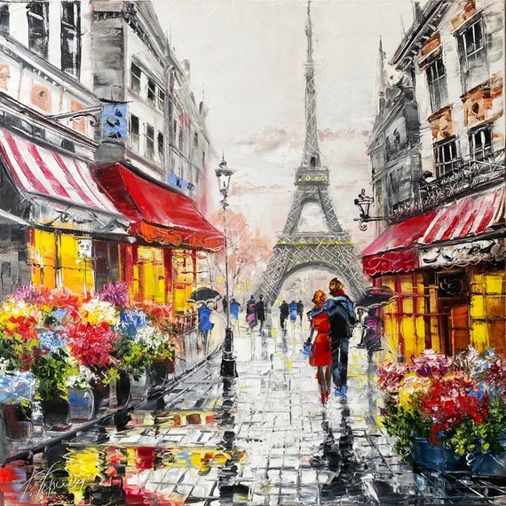 Paris Cafe Pintura al óleo Obra de arte original Pareja romántica