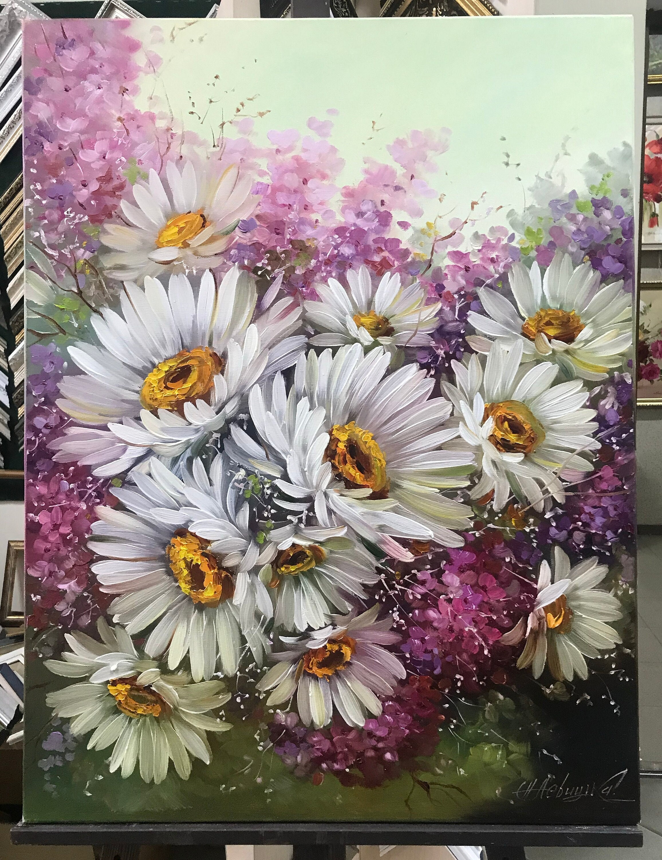 絵画 Oil painting of beautiful flowers. Daisy Wildflowers 30x40 Oil Painting, Framed Canvas Modern