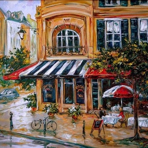 French Cafe Oil Painting Original Paris Cafe Painting Canvas French Street Scene Paintings France Street View Painting French Themed Gifts