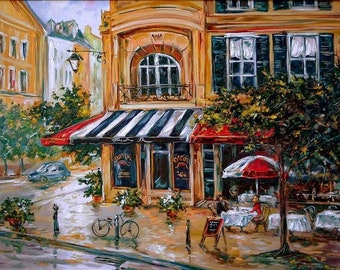 フランスのカフェ油絵 オリジナルパリカフェ絵画 キャンバス