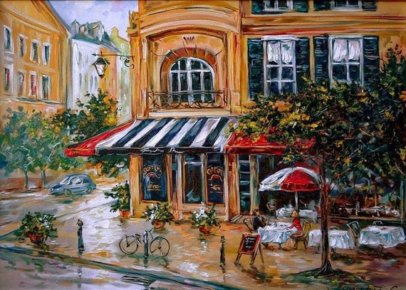 フランス　パリ　カフェ　街並みの風景　手書き油絵 額縁付き フランス パリ カフェ 街並みの風景 手書き油絵 額縁付き
