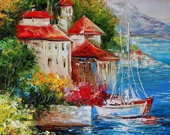 イタリア沿岸のイタリア漁船を描いたポルトフィーノの絵画、地中海風