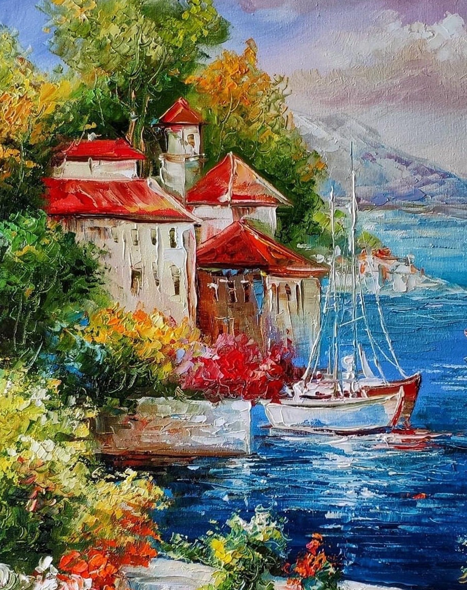 地中海油絵 オリジナル イタリア絵画 風景画 壁掛けアート イタリアの