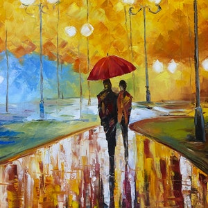 Couple Walking in Park Oil Painting Original Autumn Landscape Painting ...