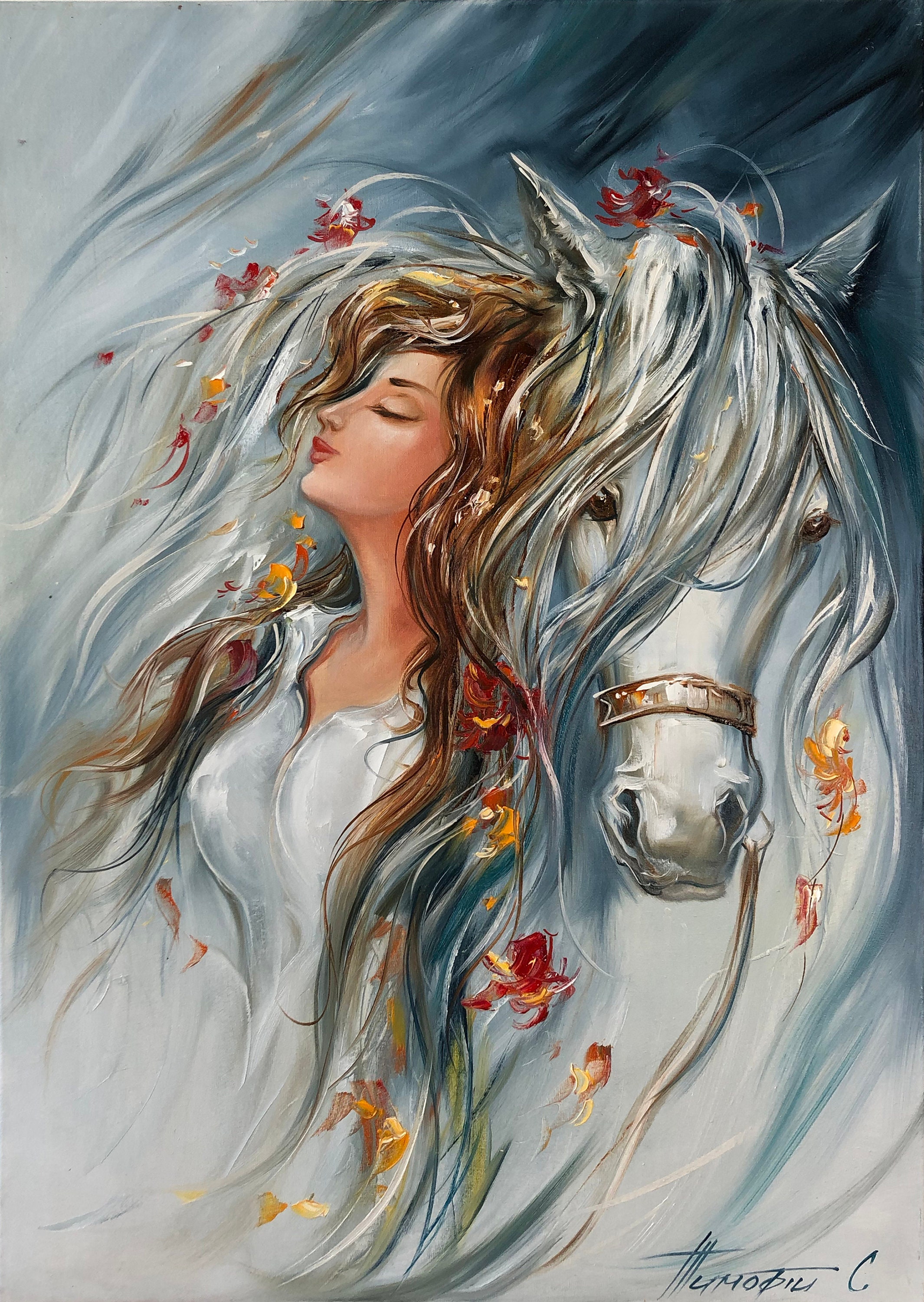 The Long Hair Beautiful White Horse - Horses - Animals Paintings