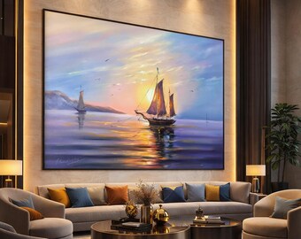 夕日のボートの油絵（キャンバス）、黄金の海景の壁掛けアート、帆船の