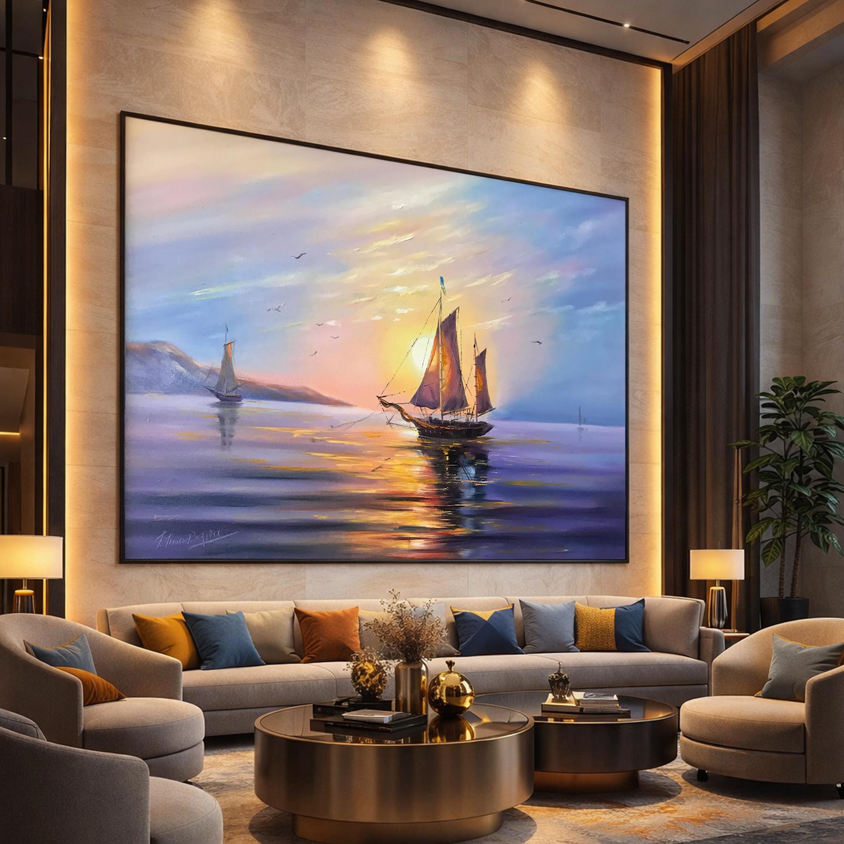 夕日のボートの油絵（キャンバス）、黄金の海景の壁掛けアート、帆船の