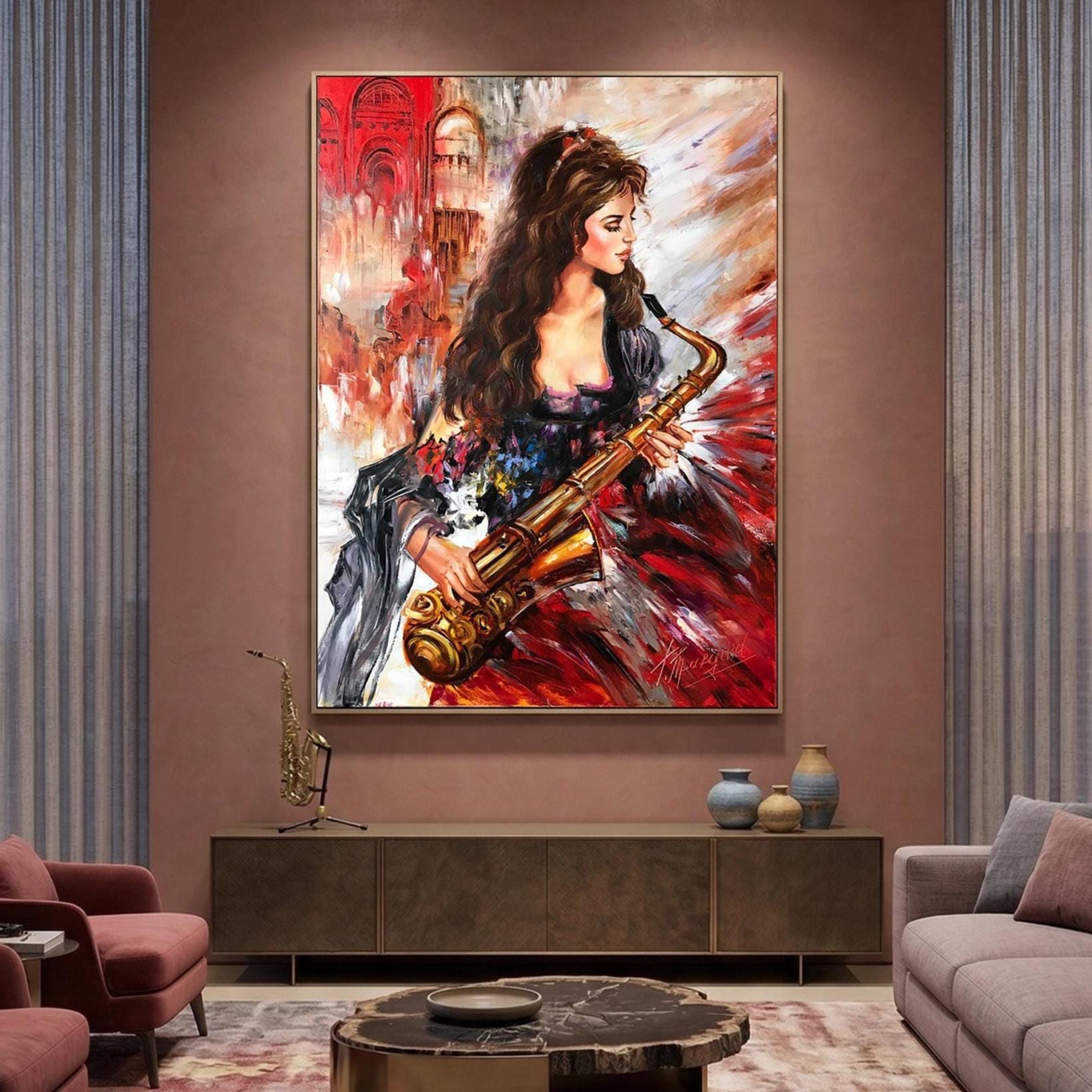 サックス奏者の女性の油絵オリジナル：大きな抽象ジャズ壁アート