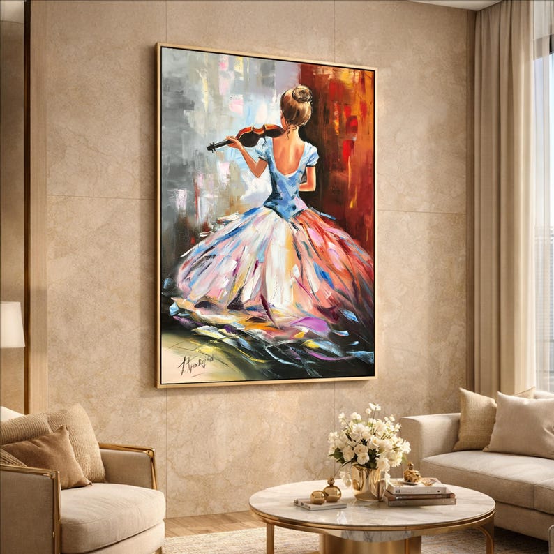 Woman Playing Violin Oil Painting: Lady in Pink Dress, Large Abstract Music Canvas Art image 2