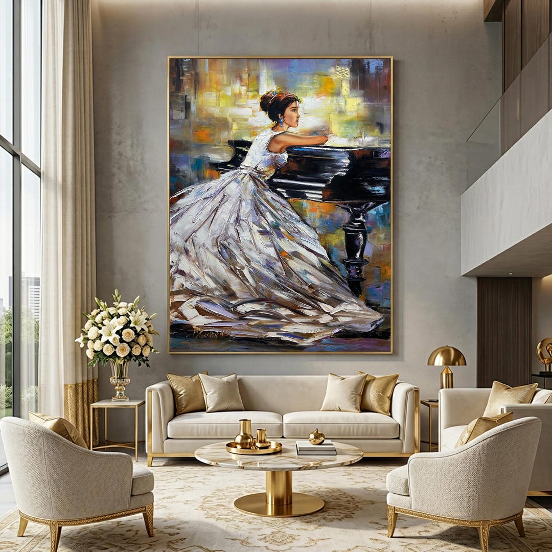Pianist Painting Girl Grand Piano Wall Art Woman Sitting Art Lady ...