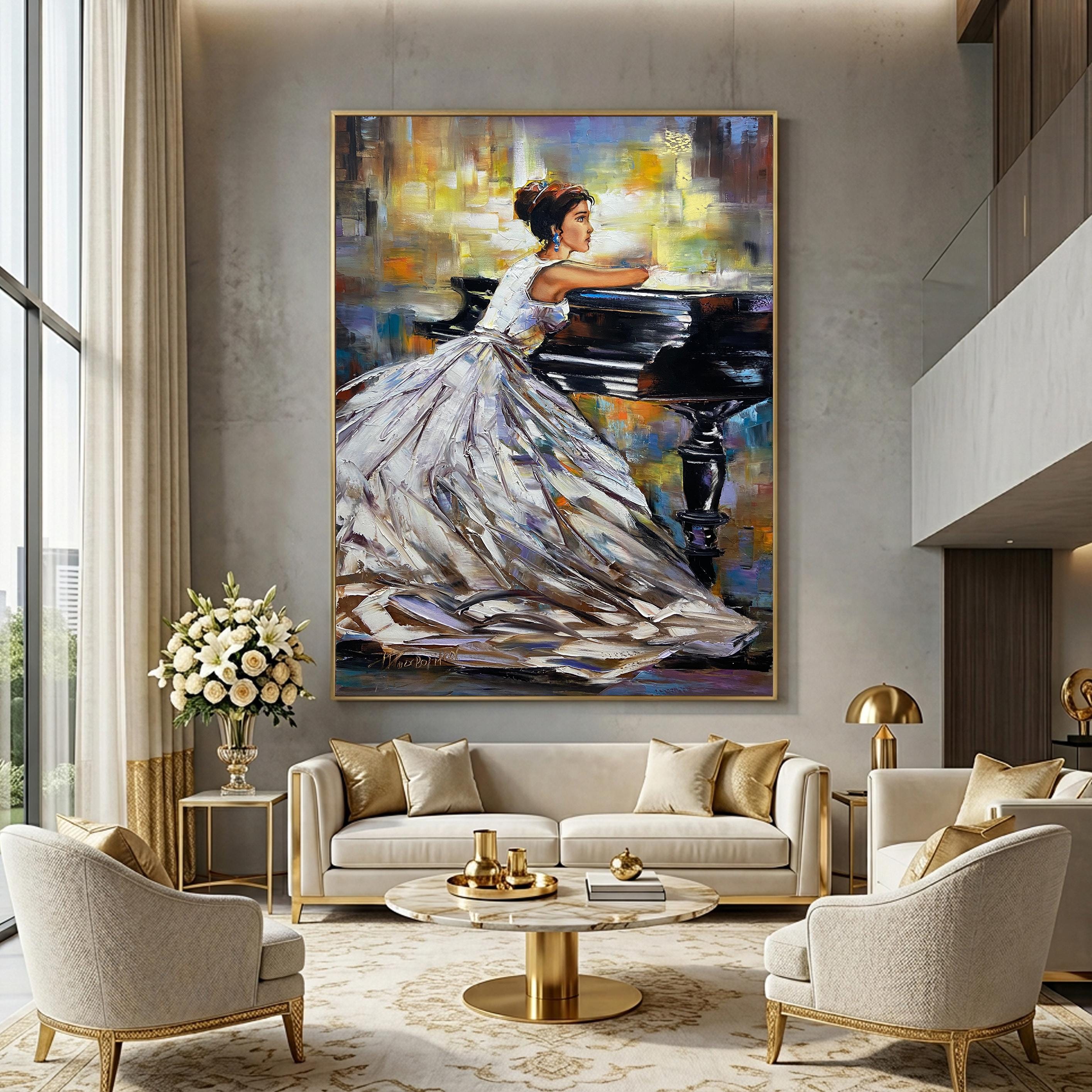 Woman at Piano Oil Painting, Elegant Girl in White Dress Pianist Art ...