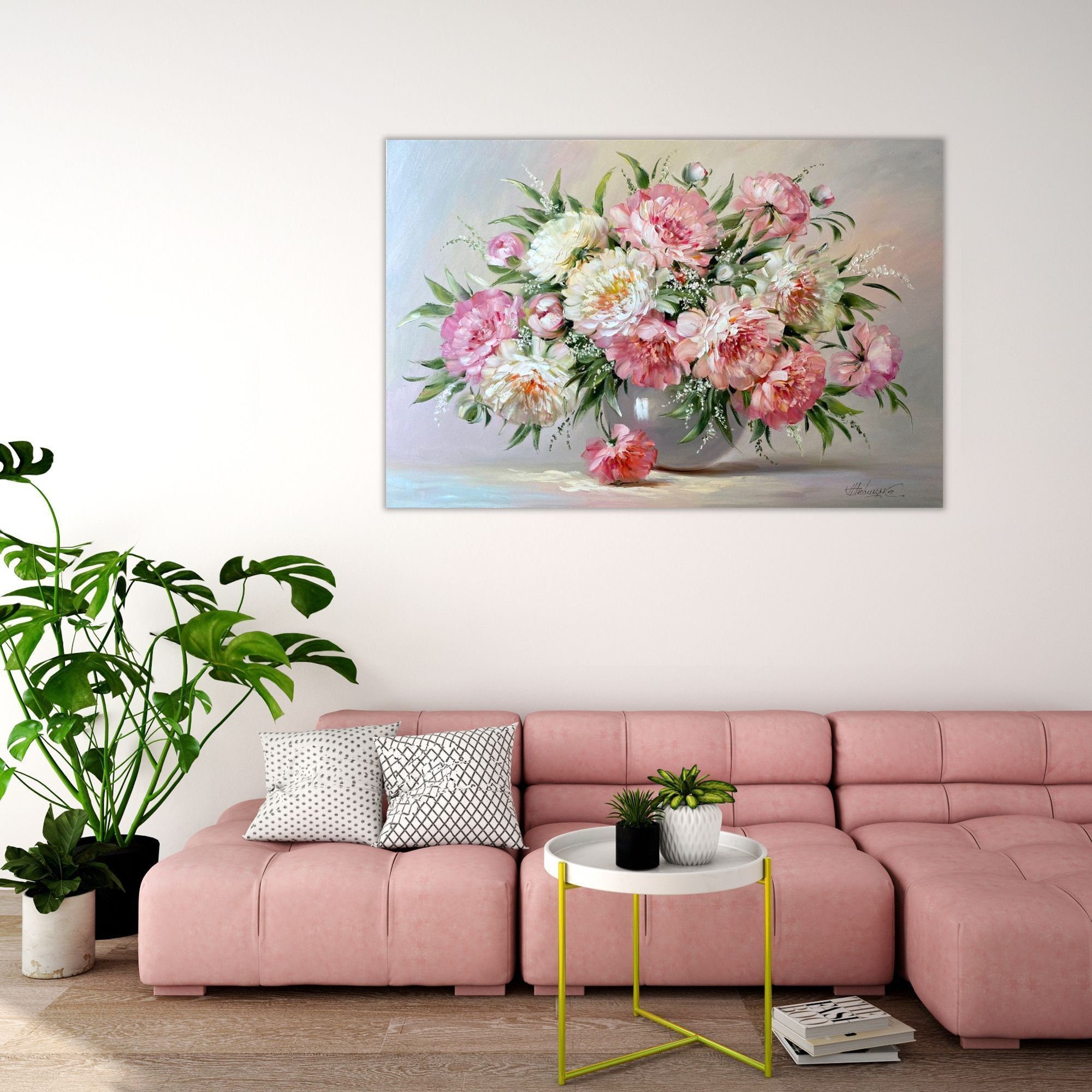 Pink Peonies in Vase Oil Painting Big Floral Modern Wall Art | Etsy