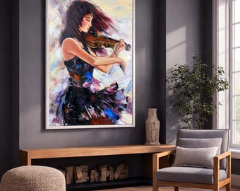 バイオリニストの女性を描いた油絵、バイオリンを弾く少女の手作り