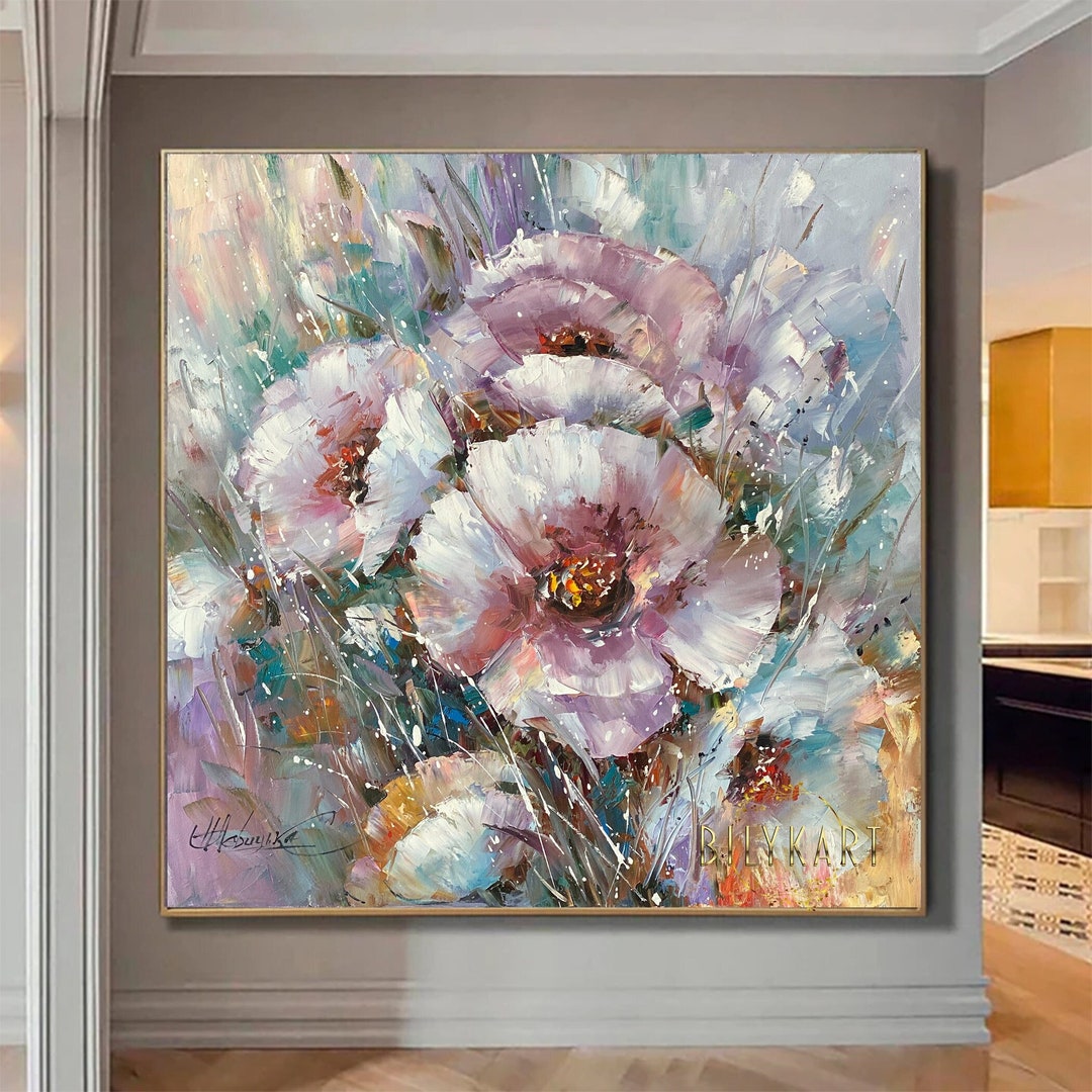 キャンバスに描かれた大きな抽象的な花の絵画 紫色の花の油絵 キャンバスに描かれた大きな抽象的な花の絵画 紫色の花の油絵