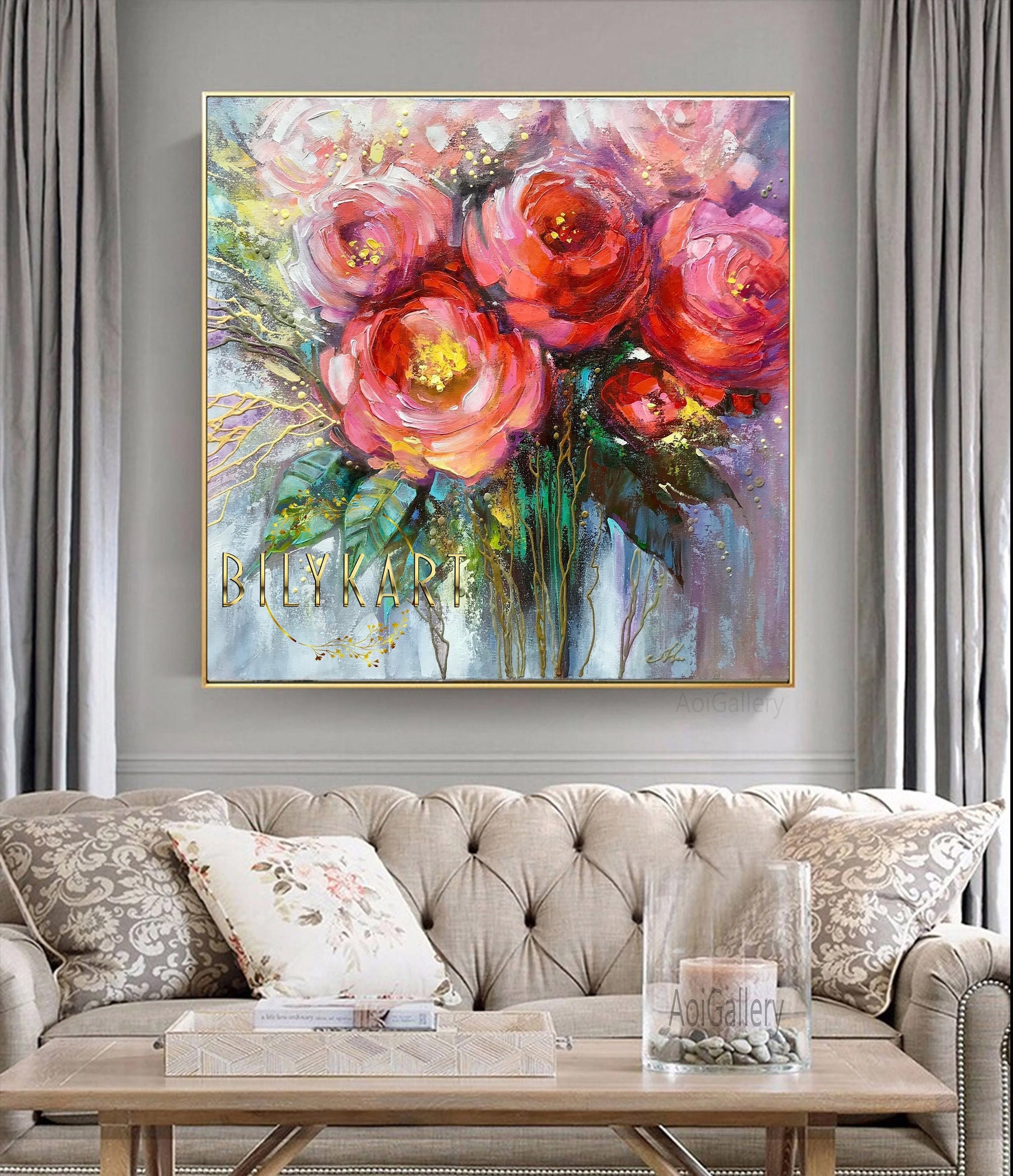 Buy Abstract Flower Painting on Canvas Modern Floral Artwork Red