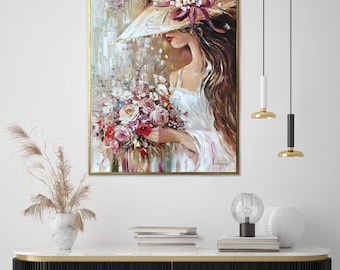 花を持つ美しい女性の絵画、フラワーガールの絵画、帽子をかぶっ