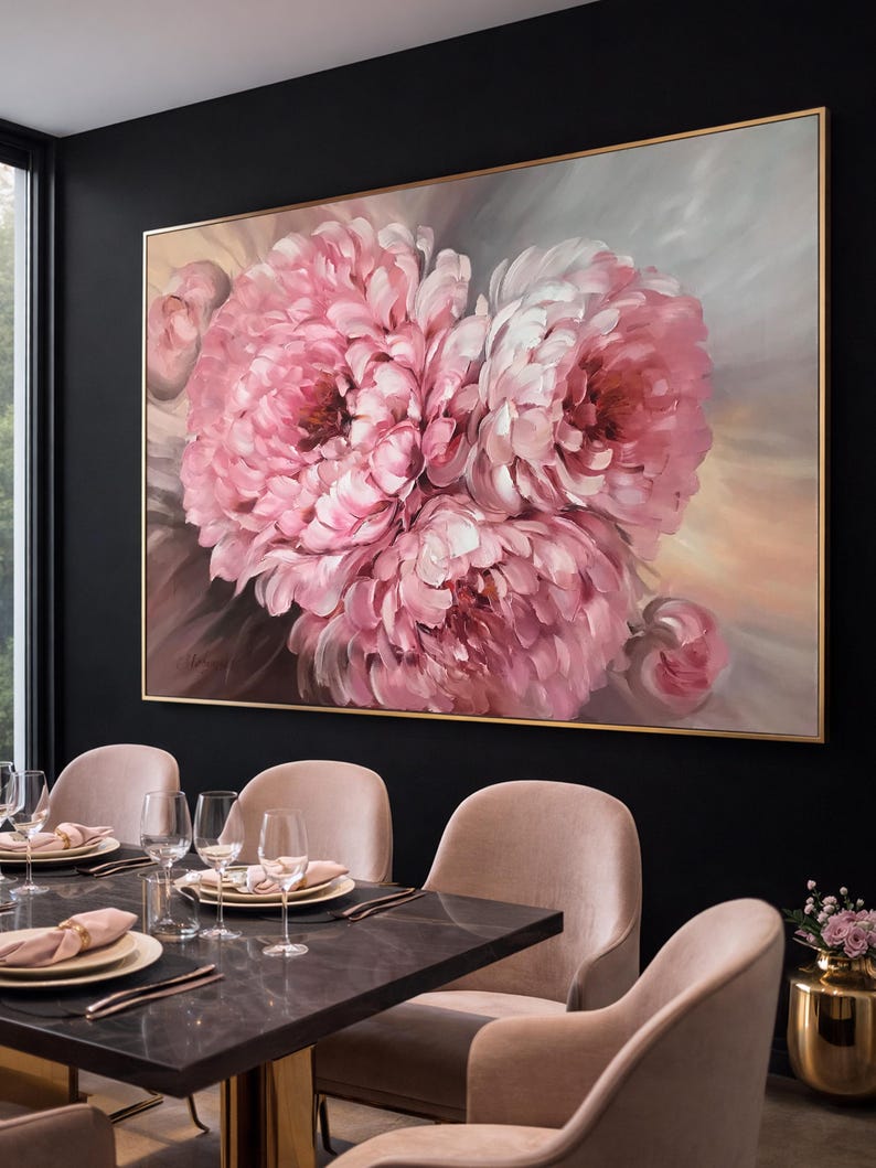 Large Pink Peony Oil Painting, Big Abstract Peonies Wall Art image 7