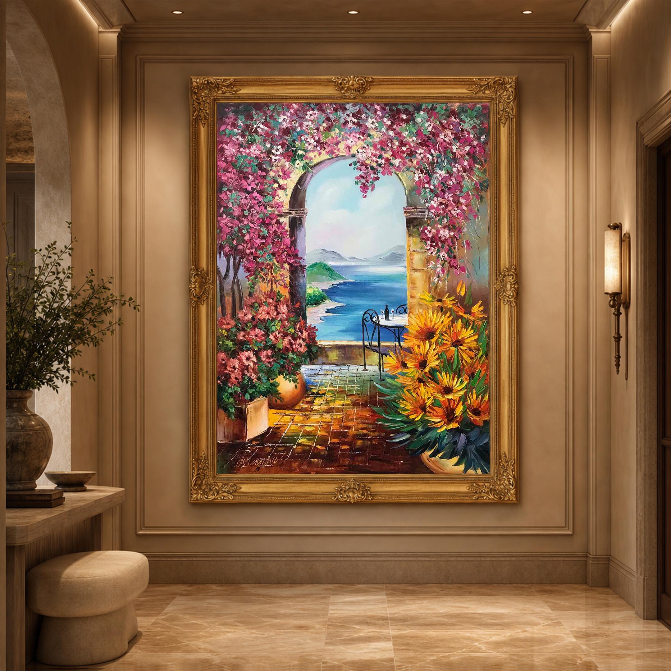 イタリアTiche☆Art.312 オーバルウォールミラー☆W58×H102cm Italian Villa Oil Painting, Mediterranean Archway View Wall Art