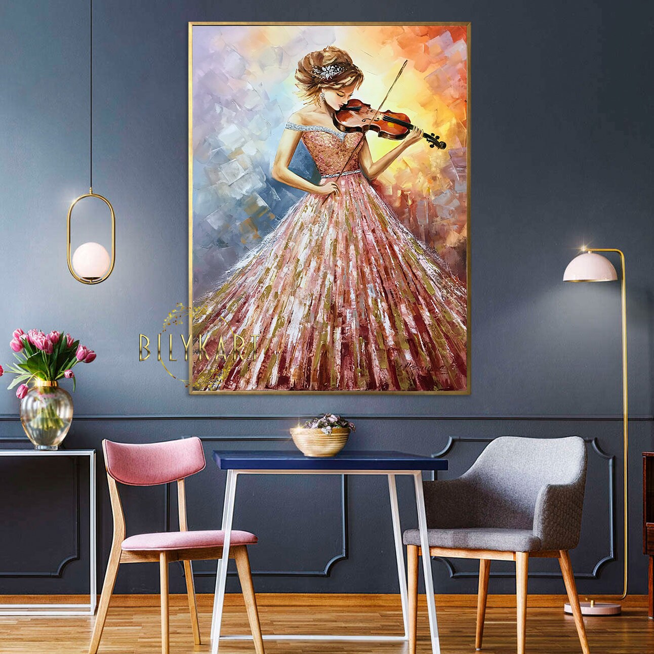 バイオリンを弾く女性 油絵 オリジナルバイオリン壁飾り