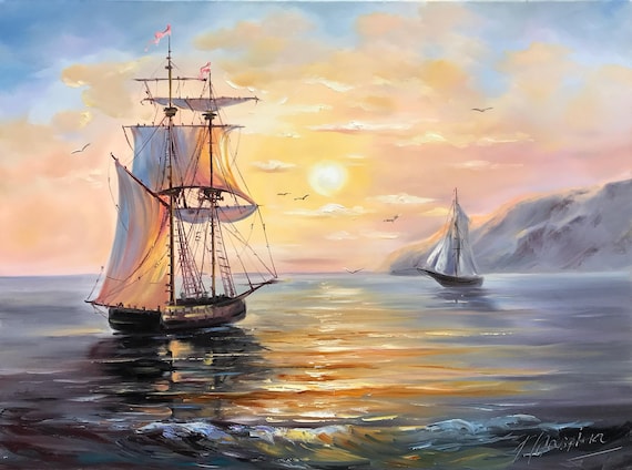 P. D. 油彩画 風景画 海と帆船　絵画　アンティーク　レトロ ✴️ P. D. 油彩画 風景画 海と帆船 絵画 アンティーク レトロ