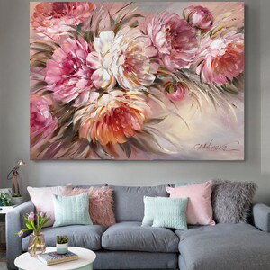 Pink Peonies Original Painting, Large Blooming Flowers Wall Art, Peony ...