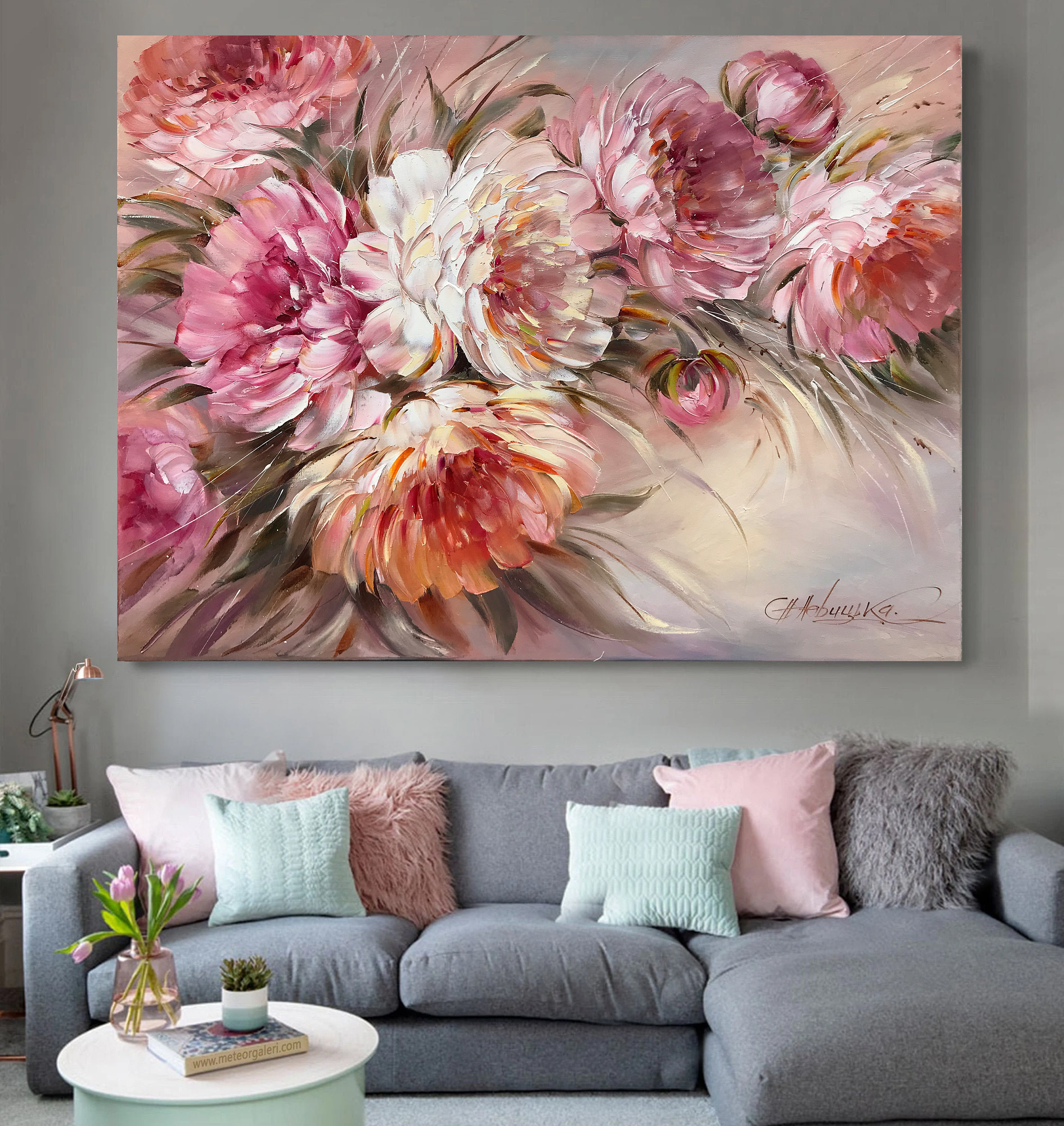 Pink Peonies Original Painting Large Blooming Flowers Wall - Etsy
