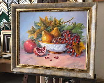 果物の静物画 F4 油彩画 oil painting art 作者不明 油絵 油彩 F4 果物 フルーツ 額 金色｜静物画