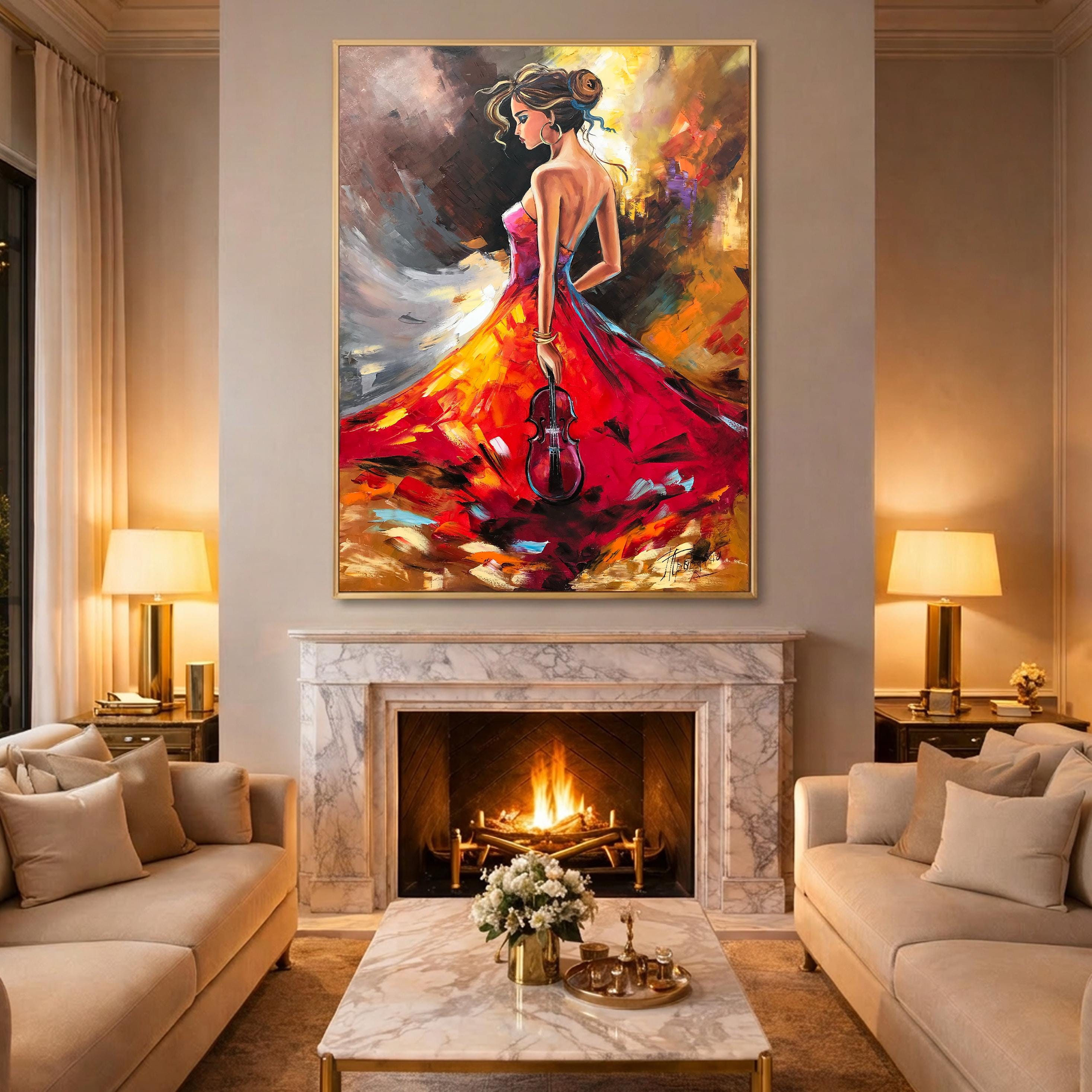 Original Girl With Violin Oil Painting Music Player Wall Art Musician ...