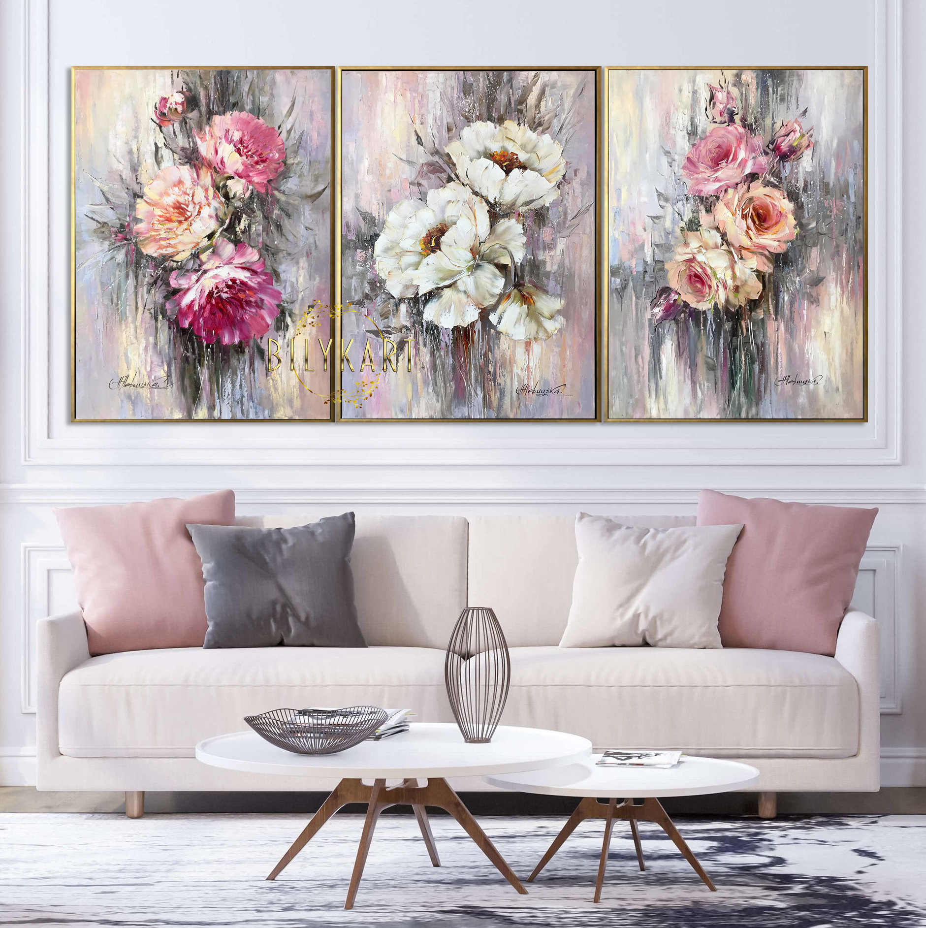 Set of 3 Painting Original Abstract Flowers Wall Art Large