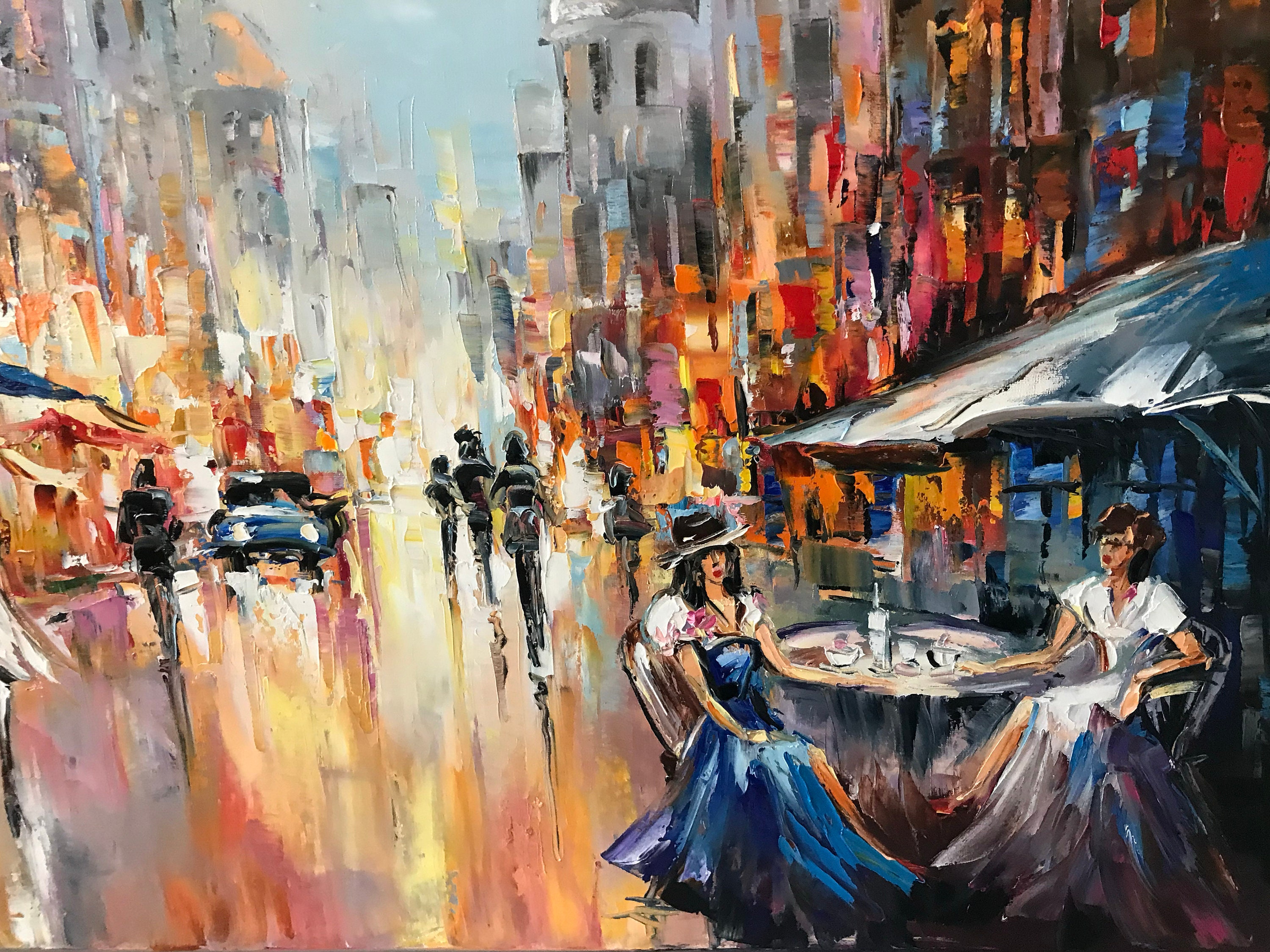 French Cafe Painting on Canvas, Flower Market Art Work, Paris