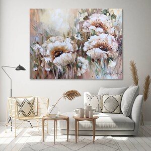 Big Abstract Flower Oil Painting Beige Floral Wall Art Neutral Color ...