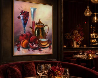 静物画「朝食」油絵、額入りキッチンウォールアート、フルーツと紅茶の
