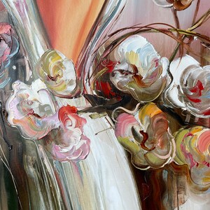 May include: Oil painting of white, pink, and yellow flowers with green stems. The flowers are in a vase with a white and brown background. The painting has a textured, impressionistic style.