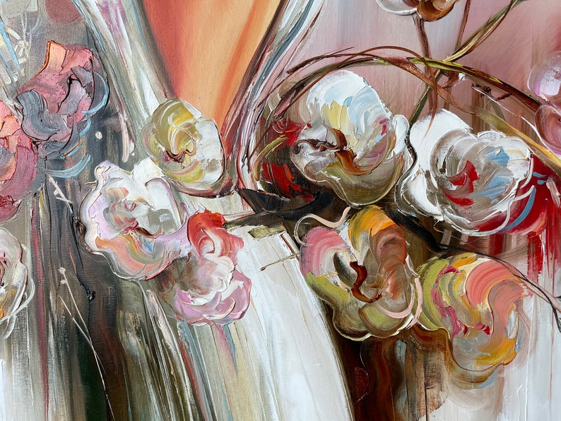 May include: Oil painting of white, pink, and yellow flowers with green stems. The flowers are in a vase with a white and brown background. The painting has a textured, impressionistic style.