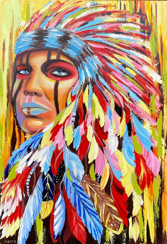 ネイティブアメリカンアート油絵 インディアンの羽根飾りをつけた