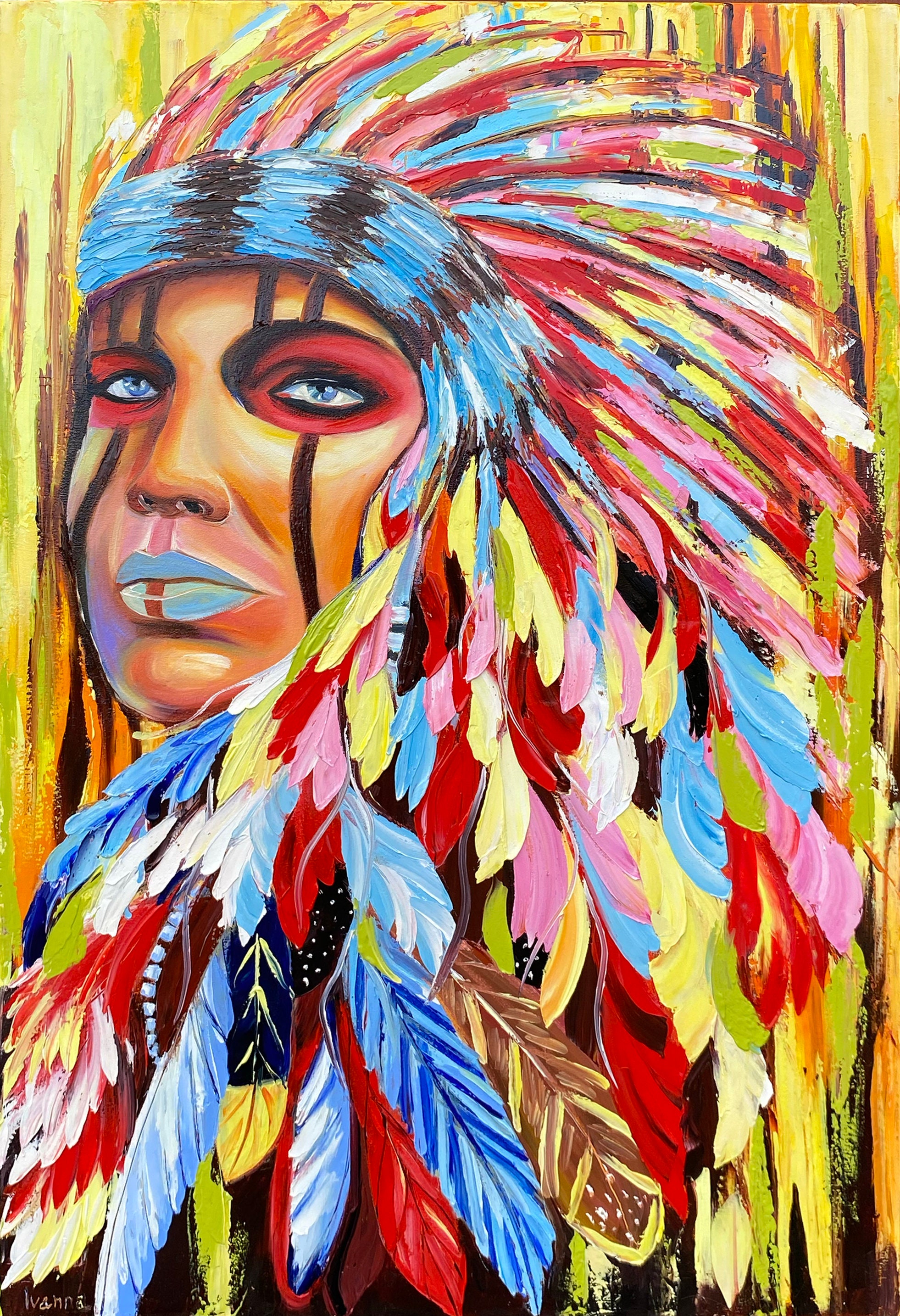 ネイティブアメリカンアート油絵 インディアンの羽根飾りをつけた
