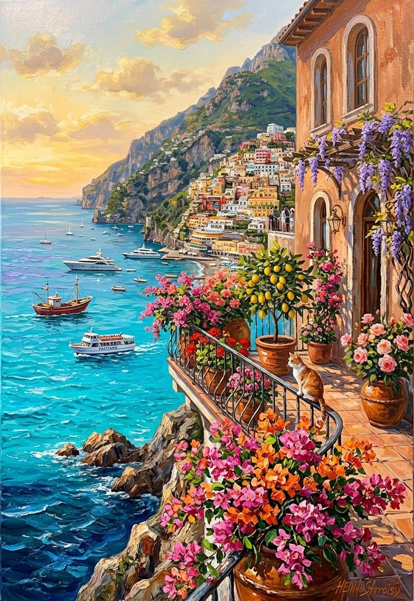 Italian Villa Oil Painting on Canvas, Positano Lemon Tree Amalfi