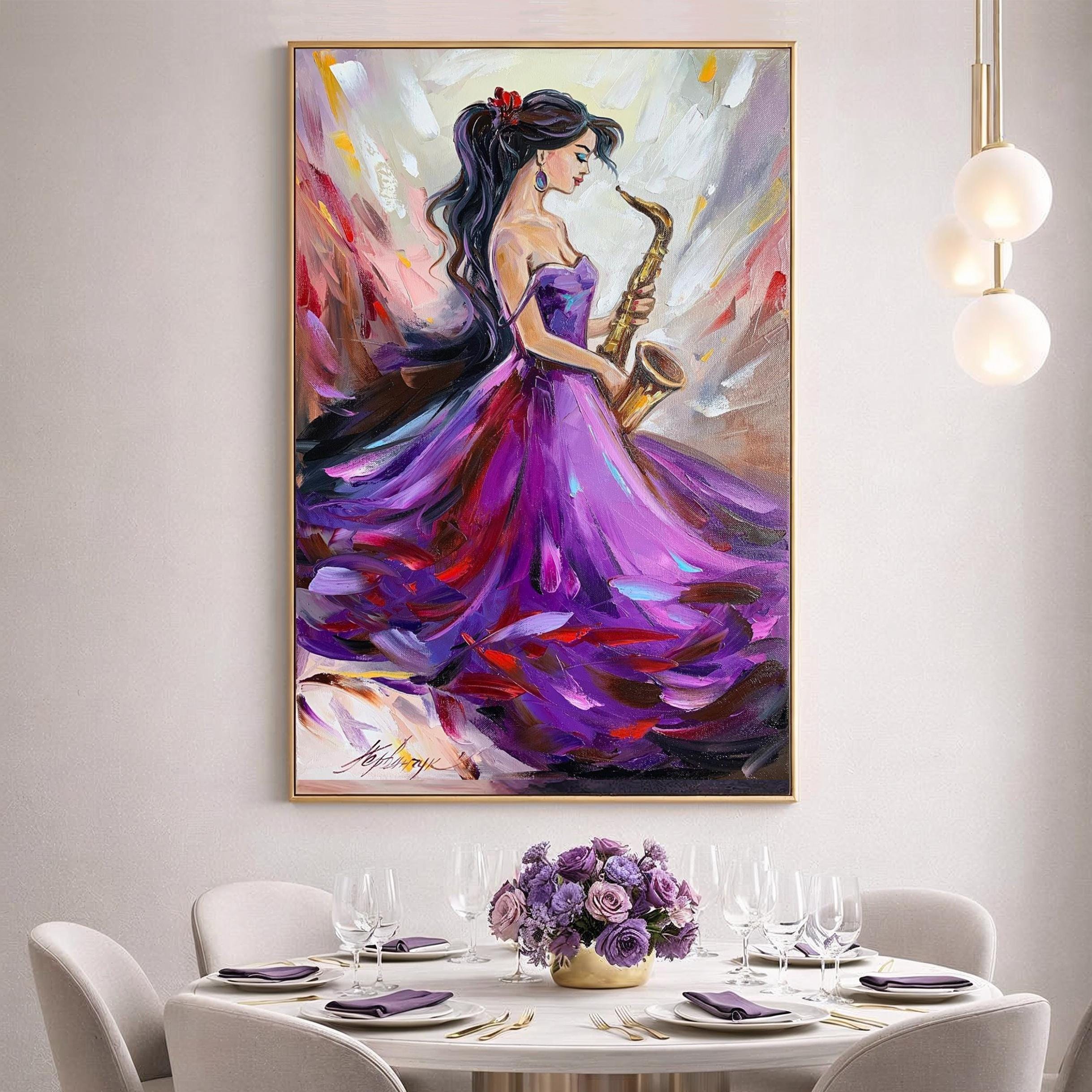 サックス奏者の女性の絵画、キャンバスに描かれたオリジナルのジャズ