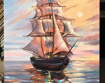 大型船の絵画 オリジナル海洋油絵 セーリングアート 帆船装飾 平和な壁
