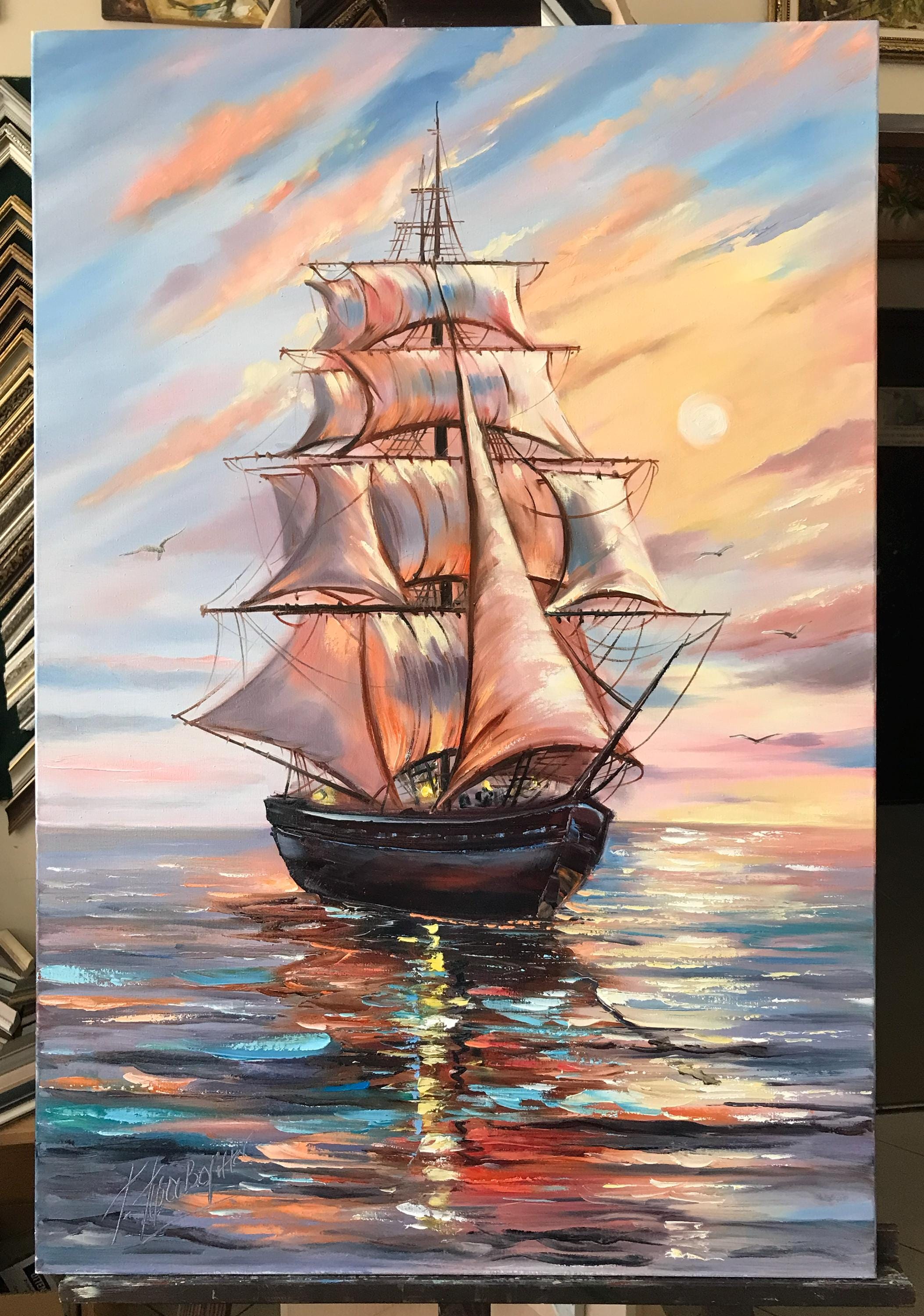 大型船の絵画 オリジナル海洋油絵 セーリングアート 帆船装飾 平和な壁