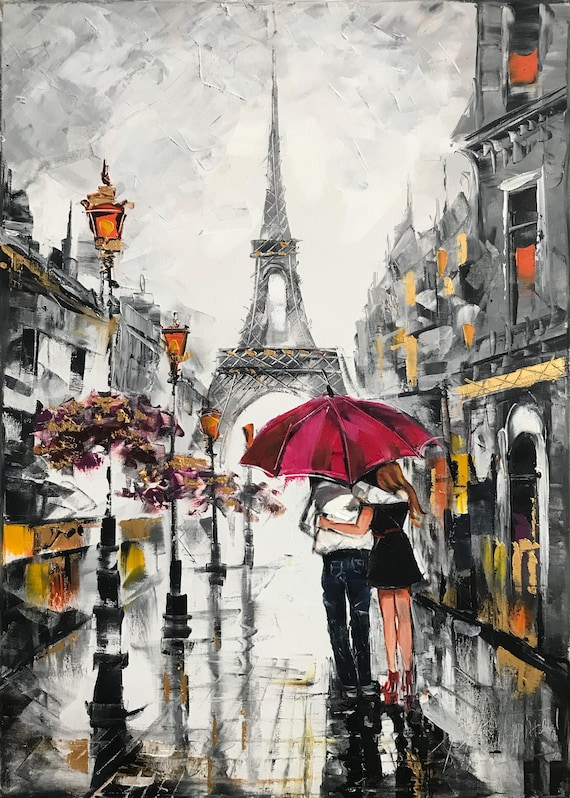 横山申生 油彩画 広告塔のある街パリ 雨の中傘をさして歩くカップルの絵画 パリの街の油絵 エッフェル塔の