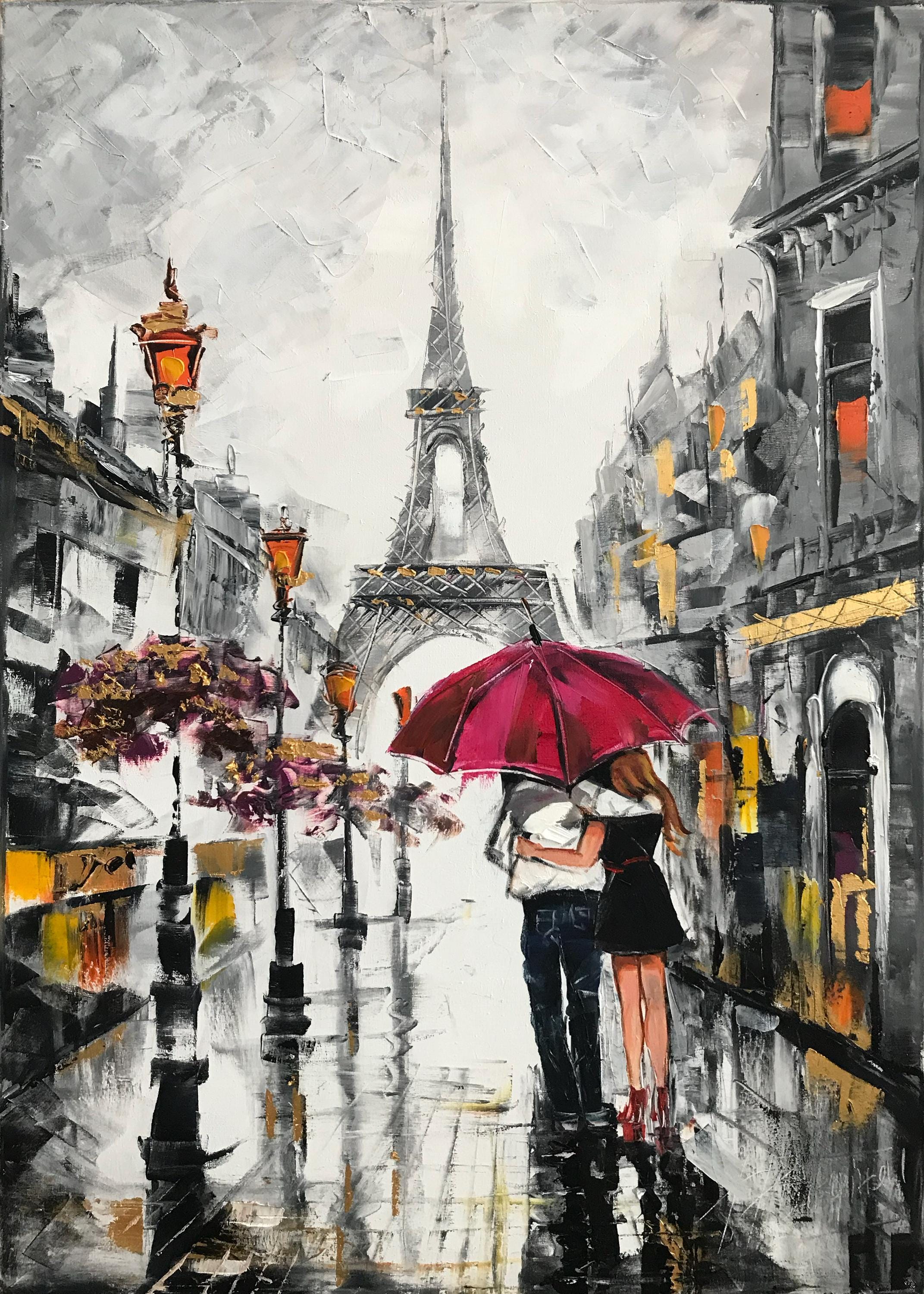 雨の中傘をさして歩くカップルの絵画 パリの街の油絵 エッフェル塔の