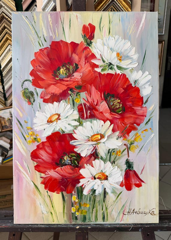Red Poppy Oil Painting on Canvas: Abstract Poppies and Daisies
