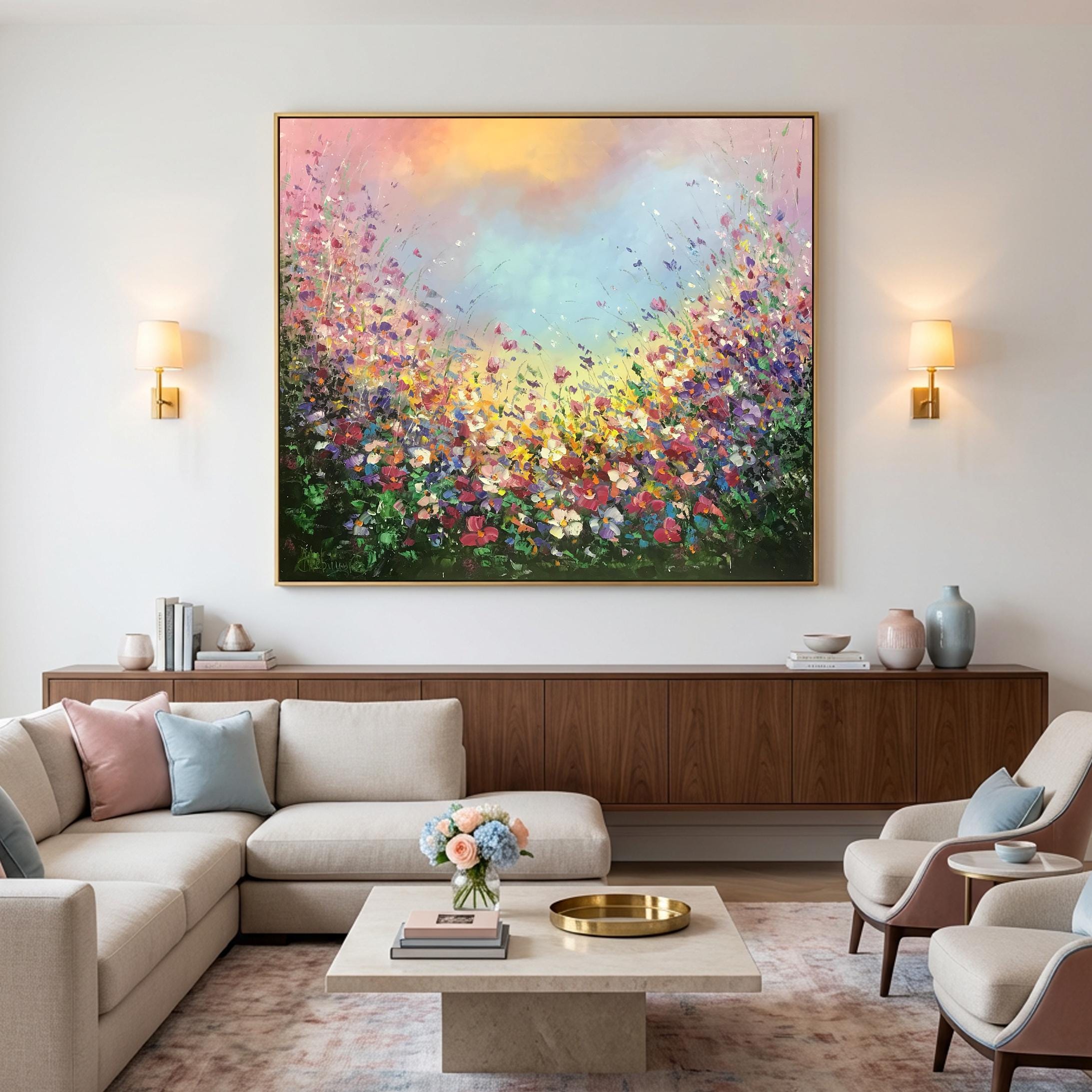 抽象的な野の花のオリジナル絵画、花畑のアート、屋外絵画、キャンバス
