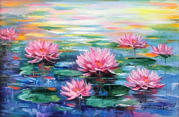 キャンバスに描かれた睡蓮の絵画 クロード・モネ 睡蓮の壁アート 蓮の