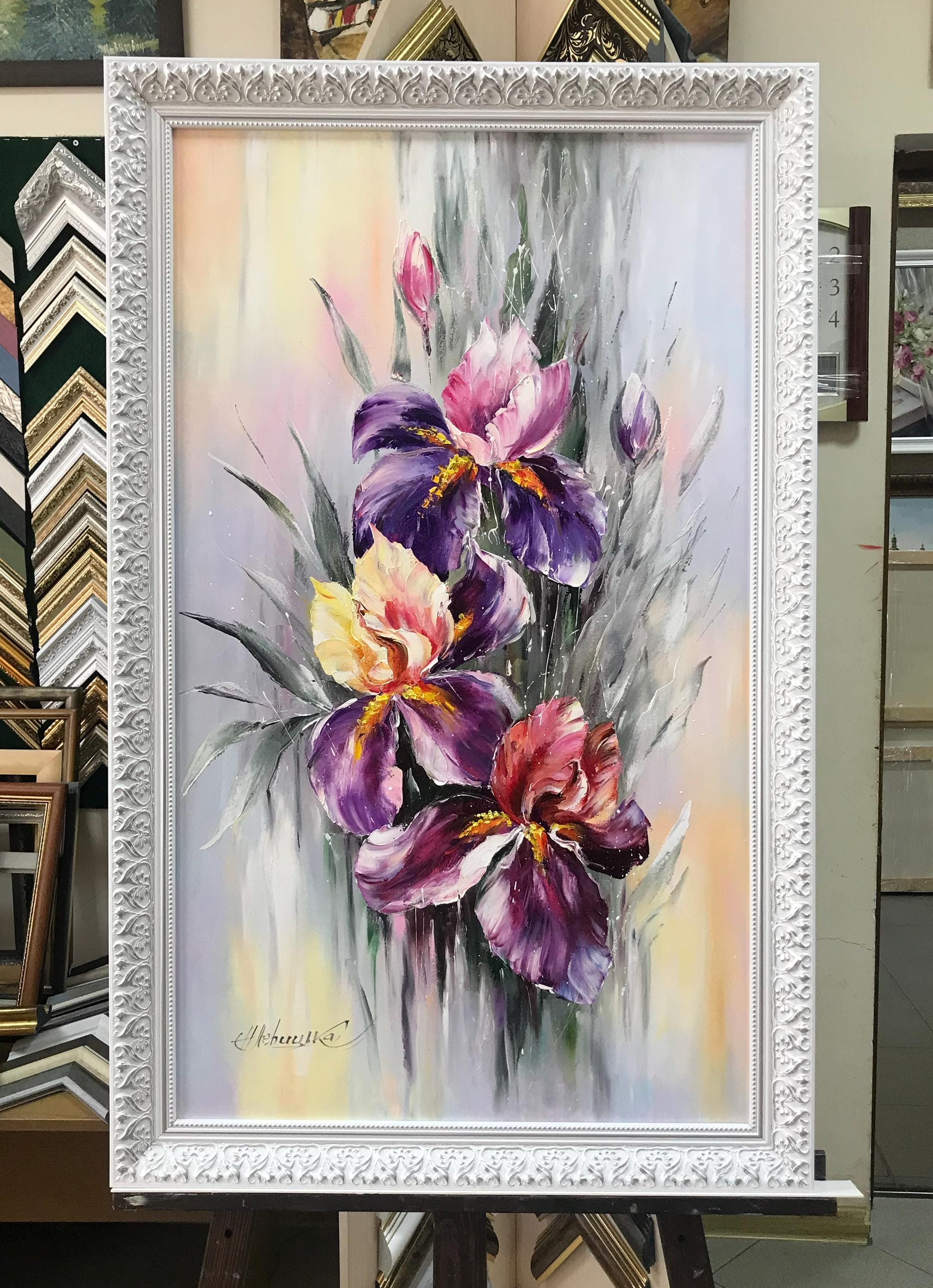 Purple Iris Oil Painting Original, Large Floral Canvas Artwork ,framed ...