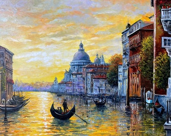 Venice Painting on Canvas Gold Sunset Oil Painting Italy Wall Art Grand Canal Painting Italian Travel Gift Framed Paintings of Venice Italy