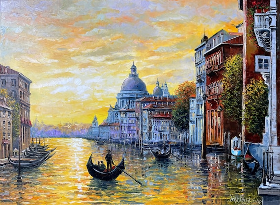 Venice Painting on Canvas Gold Sunset Oil Painting Italy Wall Art
