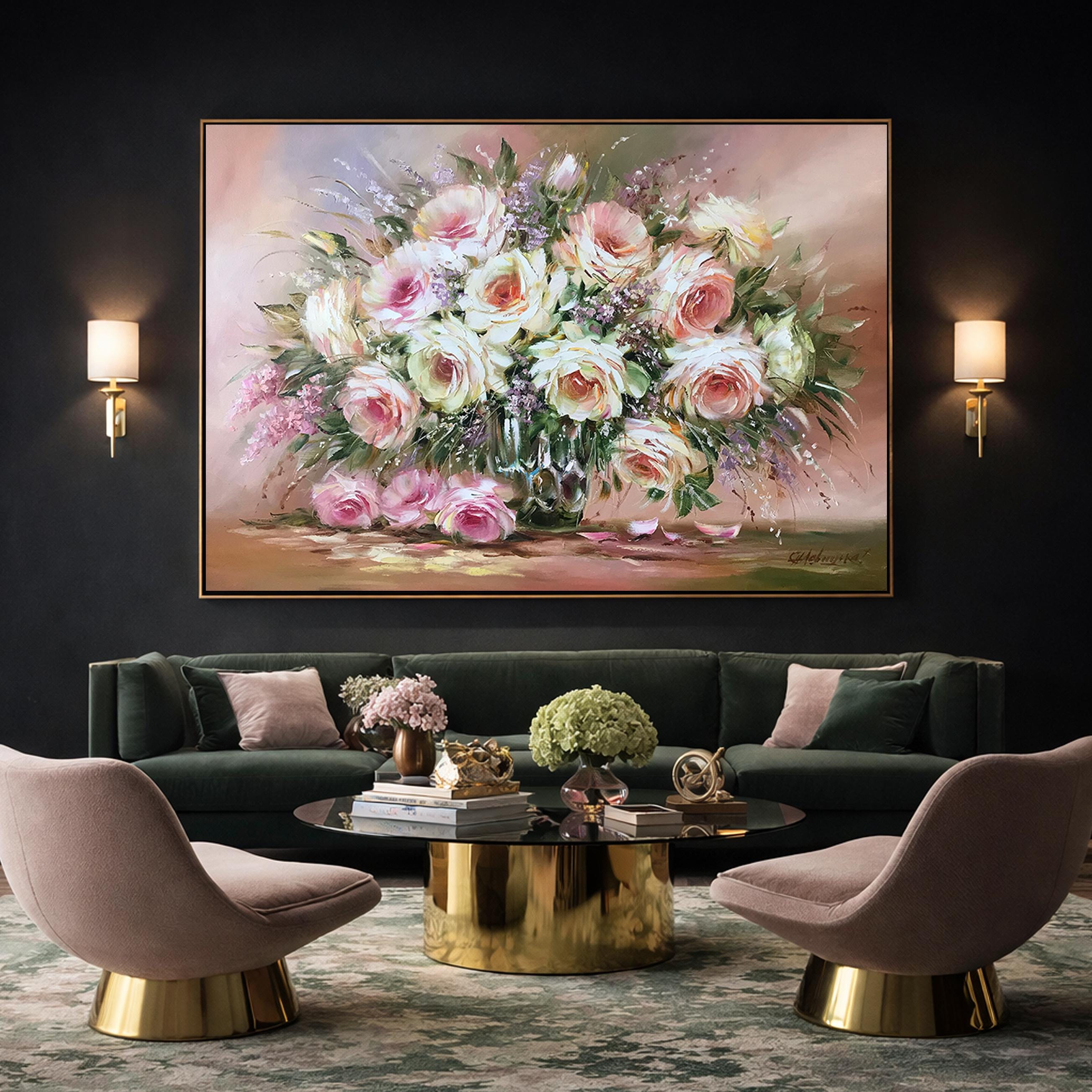 キャンバスに描かれたオリジナルのバラの花束の油絵、大きなクラシック